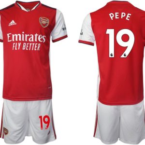 Arsenal Heimtrikot 2022 Herren Kurzarm rot mit Aufdruck PEPE 19 + Kurze Hosen