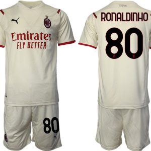 Auswärtstrikot AC Mailand 2021/22 beige-rot Kurzarm + Kurze Hosen mit Aufdruck Ronaldinho 80