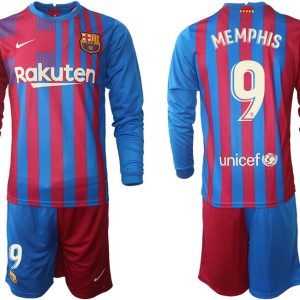 FC Barcelona Memphis Depay 9# Home 2021/22 Fußball Trikot Langarm + Kurze Hosen