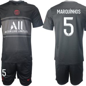 Fußball Trikotsatz PSG Ausweichtrikot 2021/2022 schwarz/grau mit Aufdruck Marquinhos 5