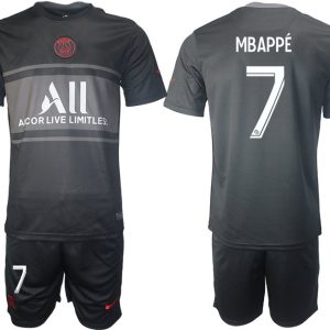 Fußball Trikotsatz PSG Ausweichtrikot 2021/2022 schwarz/grau mit Aufdruck Mbappé 7