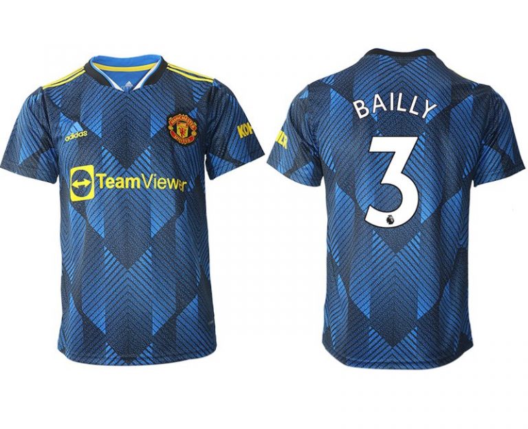 Manchester United Ausweichtrikot 2022 blau mit Aufdruck Bailly 3