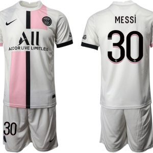 Paris Saint Germain 21/22 Stadium Auswärtstrikot Weiß mit Aufdruck MESSI 30 + Kurze Hosen