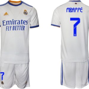 Real Madrid Heimtrikot 2022 weiß blau mit Aufdruck Mbappé 7-1