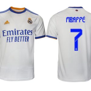 Real Madrid Heimtrikot 2022 weiß blau mit Aufdruck Mbappé 7