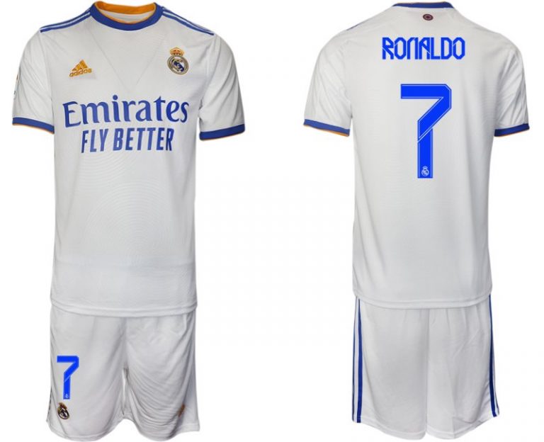 Real Madrid Heimtrikot 2022 weiß blau mit Aufdruck Ronaldo 7-1