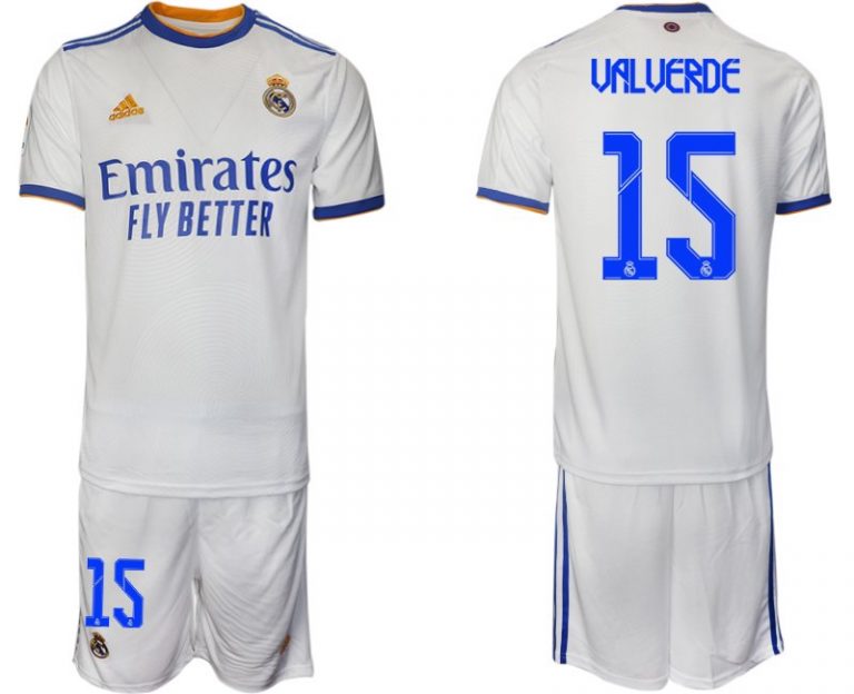 Real Madrid Heimtrikot 2022 weiß blau mit Aufdruck Valverde 15-1