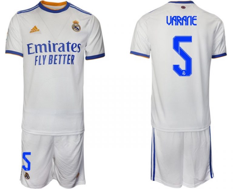 Real Madrid Heimtrikot 2022 weiß blau mit Aufdruck Varane 5-1