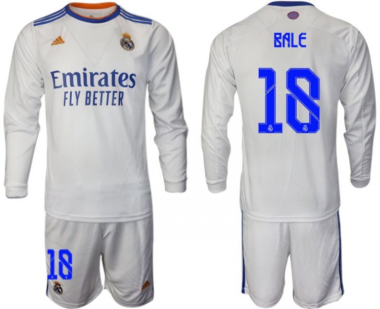 Real Madrid Heimtrikot 2022 weiß Langarm Trikotsatz mit Aufdruck Bale 18