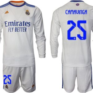 Real Madrid Heimtrikot 2022 weiß Langarm Trikotsatz mit Aufdruck Camavinga 25