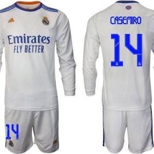 Real Madrid Heimtrikot 2022 weiß Langarm Trikotsatz mit Aufdruck Casemiro 14