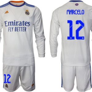 Real Madrid Heimtrikot 2022 weiß Langarm Trikotsatz mit Aufdruck Marcelo 12