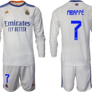 Real Madrid Heimtrikot 2022 weiß Langarm Trikotsatz mit Aufdruck Mbappé 7