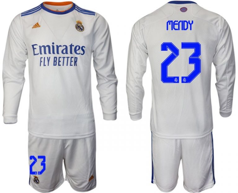 Real Madrid Heimtrikot 2022 weiß Langarm Trikotsatz mit Aufdruck Mendy 23