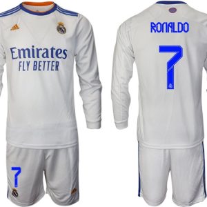 Real Madrid Heimtrikot 2022 weiß Langarm Trikotsatz mit Aufdruck Ronaldo 7