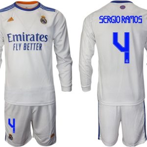 Real Madrid Heimtrikot 2022 weiß Langarm Trikotsatz mit Aufdruck Sergio Ramos 4