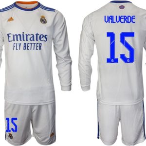 Real Madrid Heimtrikot 2022 weiß Langarm Trikotsatz mit Aufdruck Valverde 15