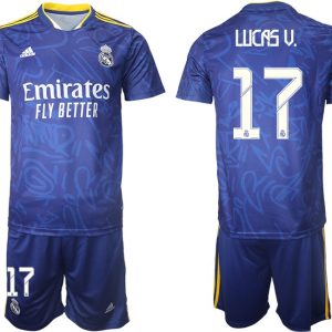 Real Madrid Herren Auswärtstrikot 2022 blau/weiß mit Aufdruck Lucas V. 17-1