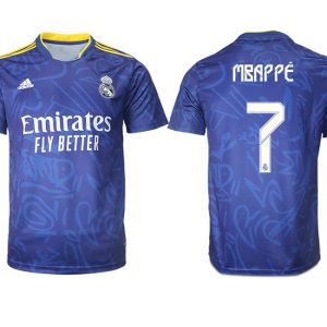 Real Madrid Herren Auswärtstrikot 2022 blau/weiß mit Aufdruck Mbappé 7