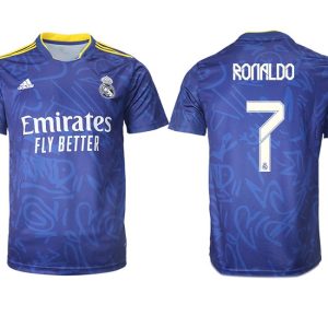 Real Madrid Herren Auswärtstrikot 2022 blau/weiß mit Aufdruck Ronaldo 7