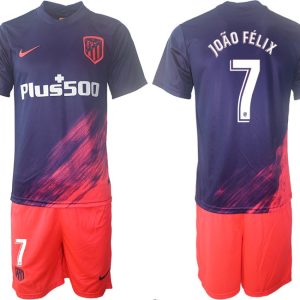 Atlético Madrid Auswärtstrikot 2021/22 dunkelblau/pink Kurzarm + Kurze Hosen João Félix 7