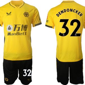 Castore Wolves Heimtrikot Gelb 2022 Kurzarm + Kurze Hosen mit Aufdruck DENDONCKER 32