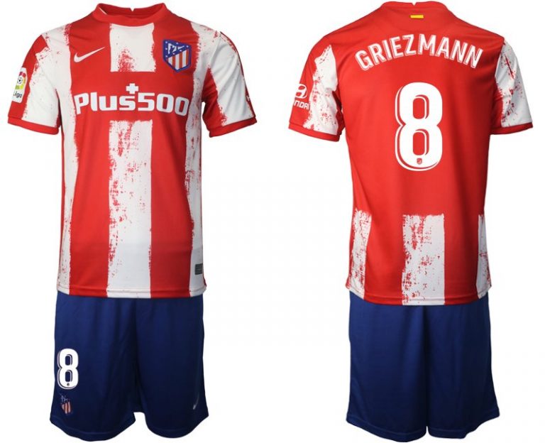 Fußball Trikotsatz Atletico Madrid 2021/22 Heimtrikot in rot mit Aufdruck GRIEZMANN 8