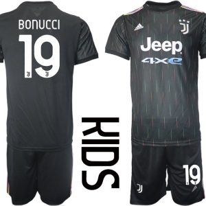 Fussballtrikot Juventus Turin Trikot Away 2021/22 für Kinder schwarz mit Aufdruck Bonucci 19