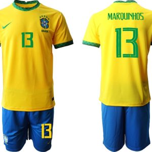 Herren Fußballtrikots Brasilien Heimtrikot 2022 in gelb mit Aufdruck Marquinhos 13