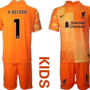 Kinder FC Liverpool Torwarttrikot in Orange mit Aufdruck A.BECKER 1