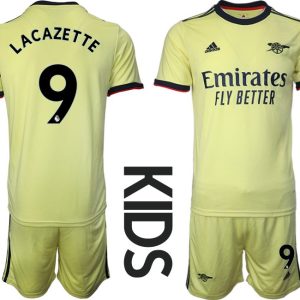 Kinder Fussball Trikotsatz Arsenal FC Auswärts 2021/22 Gelb mit Aufdruck Lacazette 9