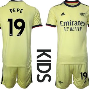 Kinder Fussball Trikotsatz Arsenal FC Auswärts 2021/22 Gelb mit Aufdruck PEPE 19