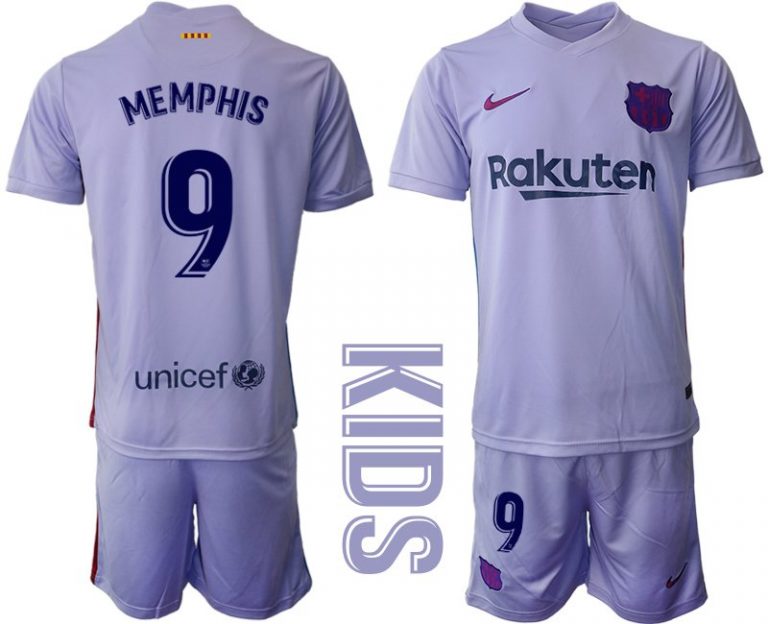 Kinder Fußballtrikot FC Barcelona 2021/22 Auswärts Trikot mit Aufdruck Memphis 9