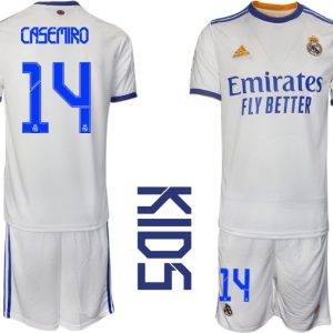 Kinder Fußballtrikot Real Madrid 2021/22 Heimtrikot weiß blau mit Aufdruck Casemiro 14