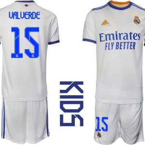 Kinder Fußballtrikot Real Madrid 2021/22 Heimtrikot weiss blau mit Aufdruck Valverde 15