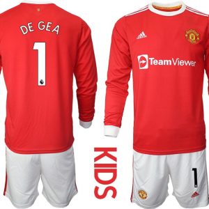 Kinder Fußballtrikots Manchester United Heimtrikot 2022 Langarm mit Aufdruck DE GEA 1