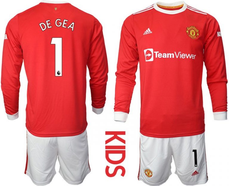 Kinder Fußballtrikots Manchester United Heimtrikot 2022 Langarm mit Aufdruck DE GEA 1