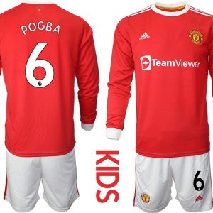 Kinder Fußballtrikots Manchester United Heimtrikot 2022 Langarm mit Aufdruck Pogba 6