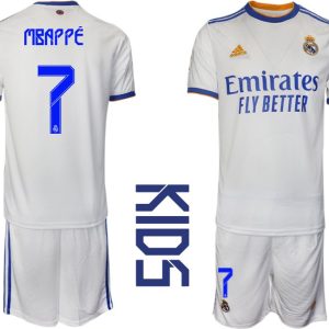 Kinder Heimtrikot Real Madrid Home Trikot weiss blau 2021/22 mit Aufdruck Mbappé 7