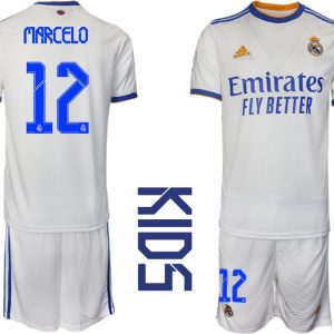 Kinder Junior Fussballtrikot Real Madrid 2021/22 Heimtrikot weiss blau mit Aufdruck Marcelo 12