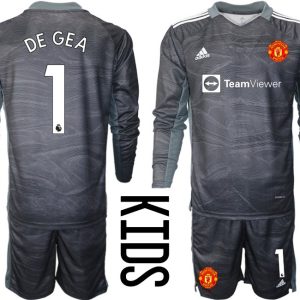 Kinder Manchester United 2022 Auswärts Torwart Trikotsatz Langarm schwarz DE GEA 1