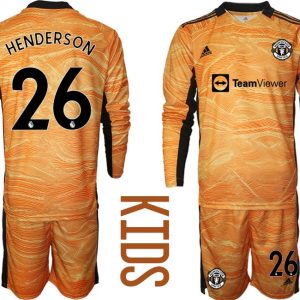 Kinder Manchester United 2022 Torwart Heim Trikotsatz Orange Langarm Henderson 26