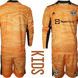 Kinder Manchester United 2022 Torwart Heim Trikotsatz Orange Langarm (+ Kurze Hosen)