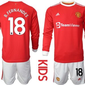 Kinder Manchester United Heimtrikot 2022 Langarm in rot mit Aufdruck B.Fernandes 18