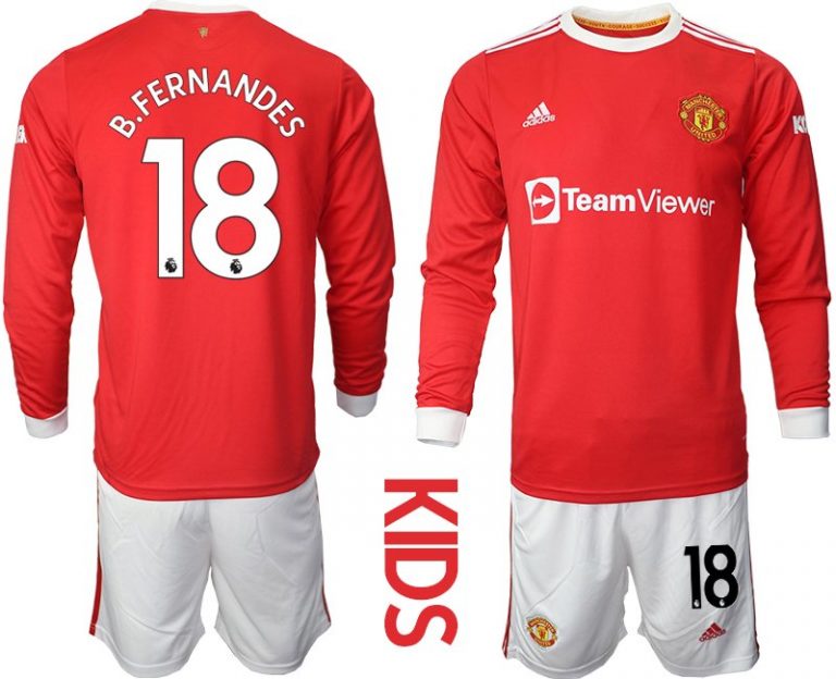 Kinder Manchester United Heimtrikot 2022 Langarm in rot mit Aufdruck B.Fernandes 18