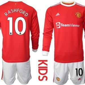 Kinder Manchester United Heimtrikot 2022 Langarm in rot mit Aufdruck Rashford 10