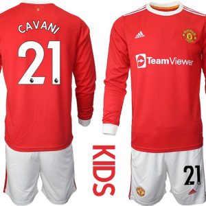 Kinder Manchester United Heimtrikot 2022 Trikotsatz Langarm rot mit Aufdruck Cavani 21