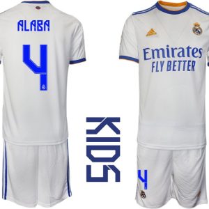 Kinder Real Madrid Heimtrikot weiss blau 2021/22 Trikotsatz Kurzarm + Kurze Hosen mit Aufdruck Alaba 4