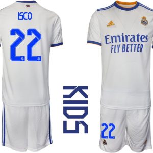 Kinder Real Madrid Heimtrikot weiss blau 2021/22 Trikotsatz Kurzarm + Kurze Hosen mit Aufdruck ISCO 22