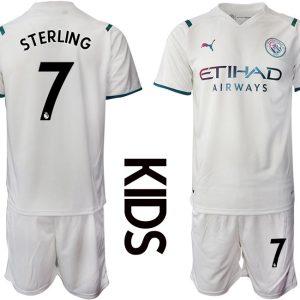 Kindertrikot Manchester City 2022 Auswärtstrikot weiß für Kinder Mit Sterling 7 Aufdruck